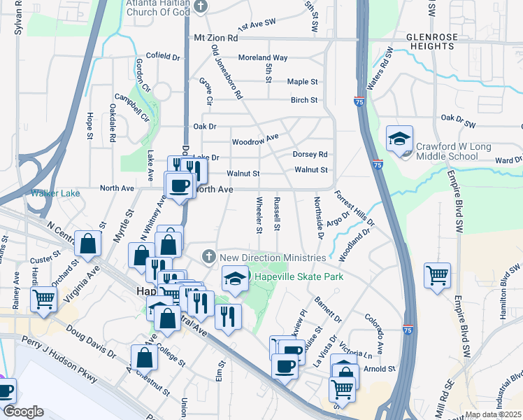 map of restaurants, bars, coffee shops, grocery stores, and more near 3292 Wheeler Street in Hapeville