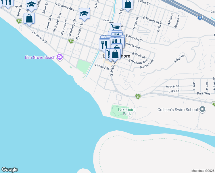 map of restaurants, bars, coffee shops, grocery stores, and more near 123 Lakeshore Drive in Lake Elsinore