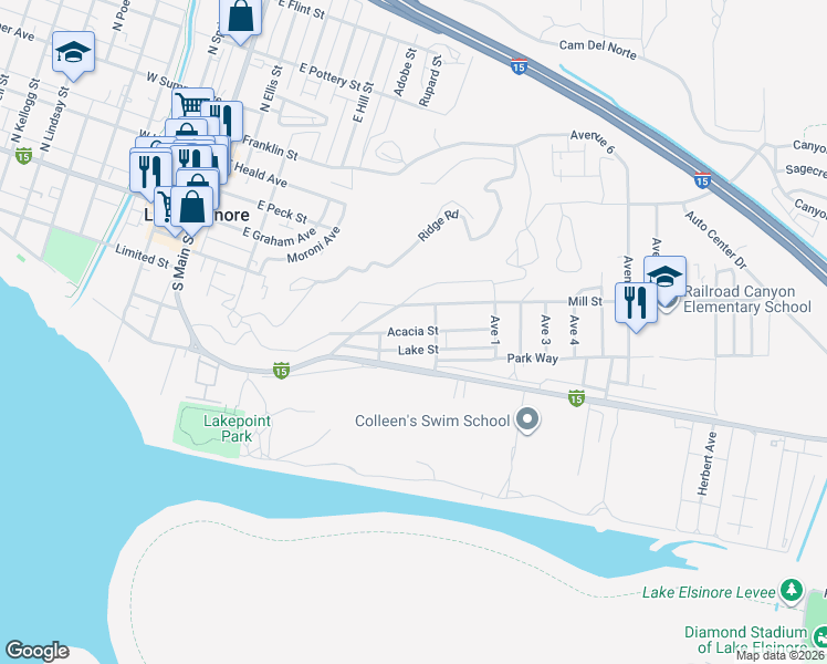map of restaurants, bars, coffee shops, grocery stores, and more near Acacia Street in Lake Elsinore