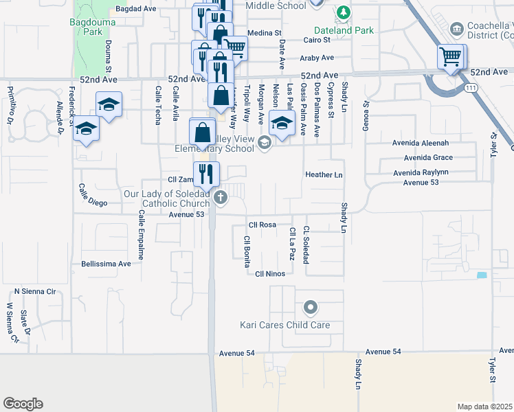 map of restaurants, bars, coffee shops, grocery stores, and more near 52975 Adam Lane in Coachella