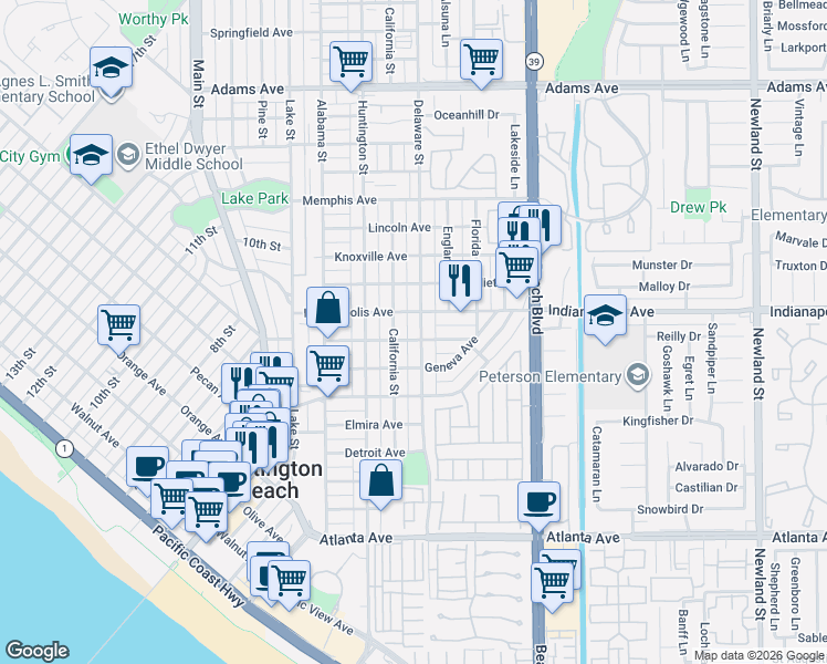 map of restaurants, bars, coffee shops, grocery stores, and more near 807 Delaware Street in Huntington Beach