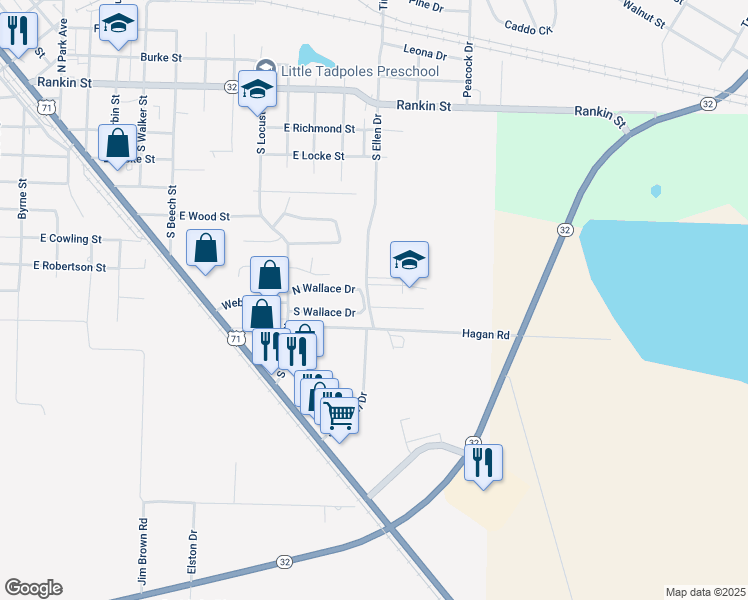 map of restaurants, bars, coffee shops, grocery stores, and more near 1410 Moritz Drive in Ashdown