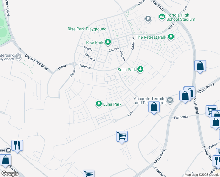 map of restaurants, bars, coffee shops, grocery stores, and more near 501 Rail in Irvine