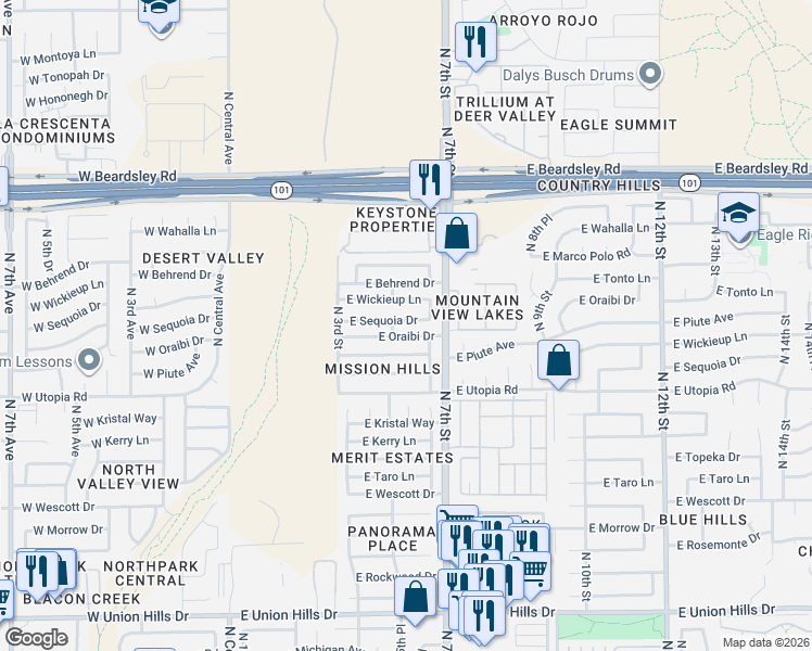 map of restaurants, bars, coffee shops, grocery stores, and more near 19618 North 6th Place in Phoenix