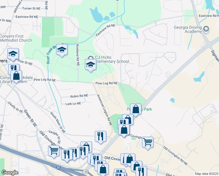 map of restaurants, bars, coffee shops, grocery stores, and more near 1357 Pine Logging Road Northeast in Conyers