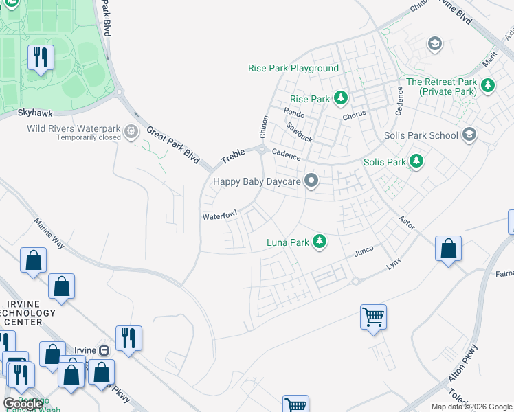 map of restaurants, bars, coffee shops, grocery stores, and more near Z Street in Irvine