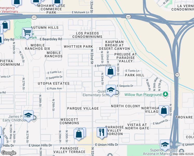 map of restaurants, bars, coffee shops, grocery stores, and more near 3235 East Oraibi Drive in Phoenix