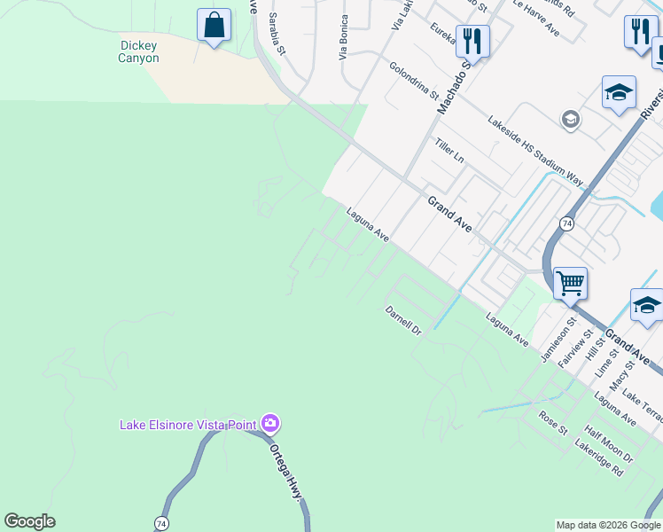 map of restaurants, bars, coffee shops, grocery stores, and more near 33340 Gisborne Street in Lake Elsinore