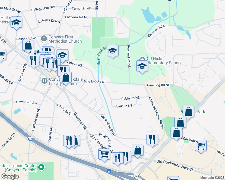 map of restaurants, bars, coffee shops, grocery stores, and more near 1176 Cardinal Road Northeast in Conyers