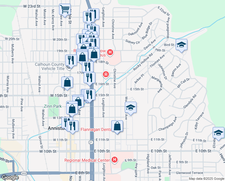 map of restaurants, bars, coffee shops, grocery stores, and more near 1512 Christine Avenue in Anniston