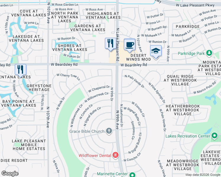 map of restaurants, bars, coffee shops, grocery stores, and more near 10301 West Chaparral Drive in Sun City