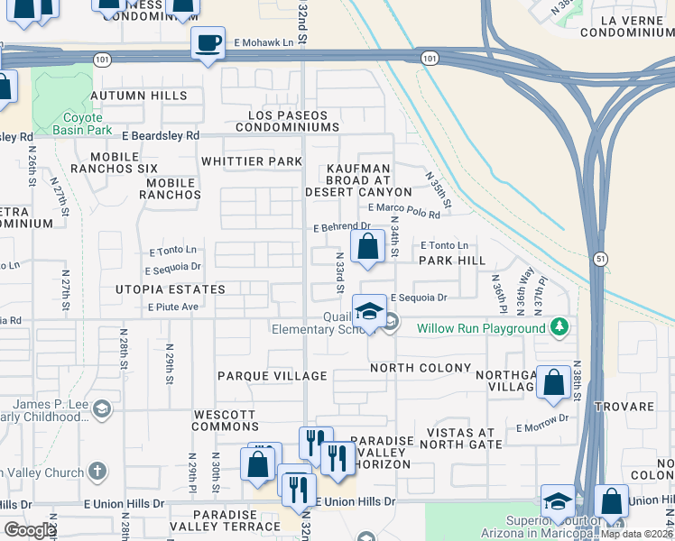 map of restaurants, bars, coffee shops, grocery stores, and more near 3235 East Oraibi Drive in Phoenix
