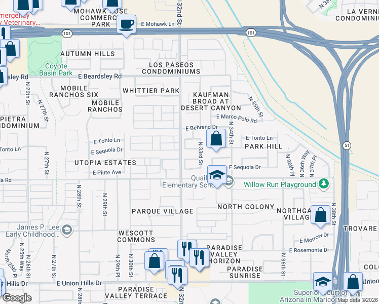 map of restaurants, bars, coffee shops, grocery stores, and more near 3235 East Oraibi Drive in Phoenix