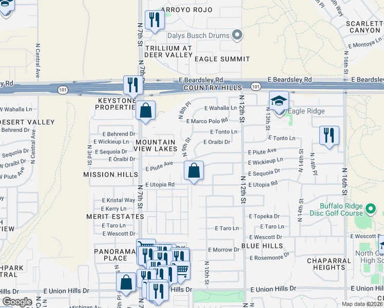 map of restaurants, bars, coffee shops, grocery stores, and more near 19619 North 9th Street in Phoenix