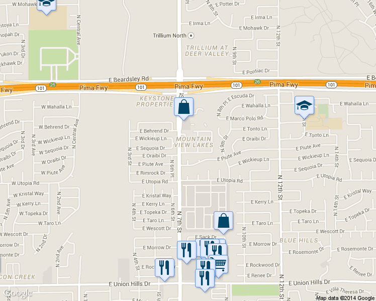 map of restaurants, bars, coffee shops, grocery stores, and more near 1029 Mountain Shadow Lake Condominium in Phoenix