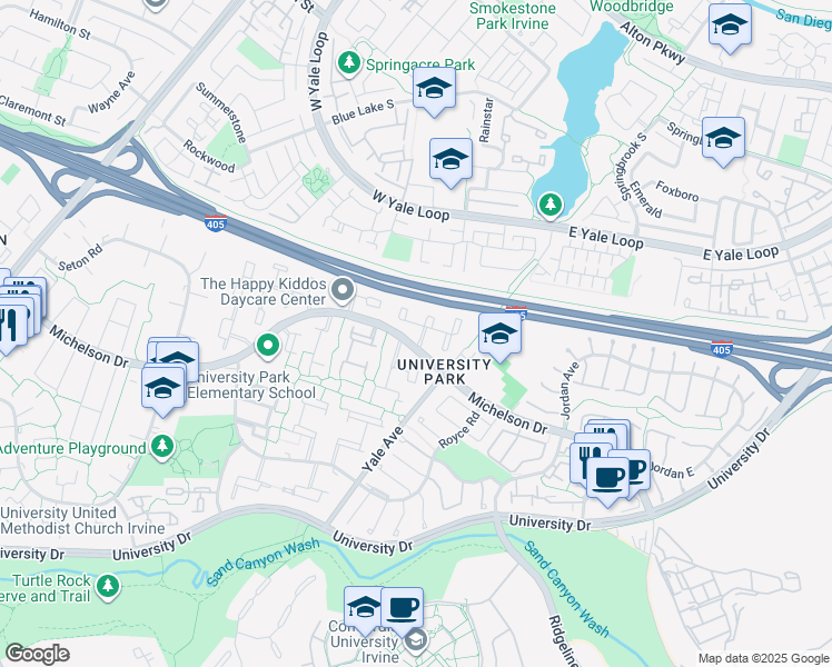 map of restaurants, bars, coffee shops, grocery stores, and more near 8 Almond Tree Lane in Irvine