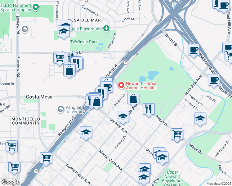 map of restaurants, bars, coffee shops, grocery stores, and more near 120 Lisa Lane in Costa Mesa