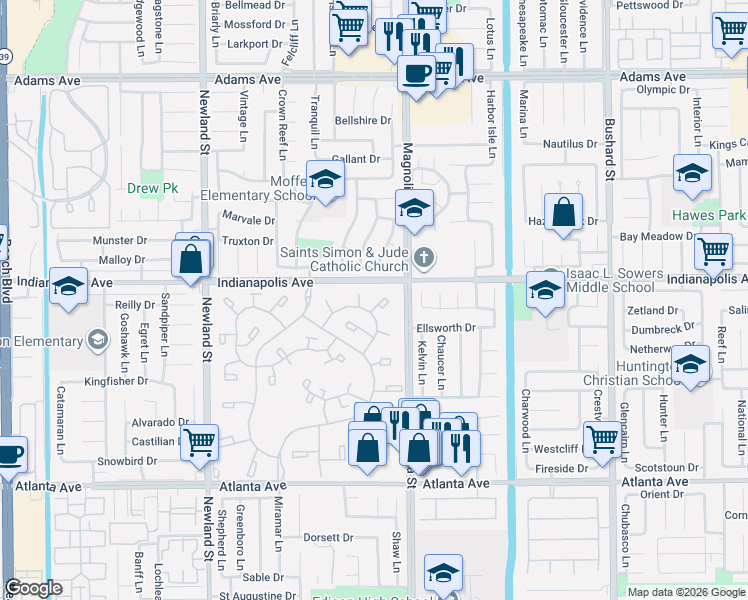 map of restaurants, bars, coffee shops, grocery stores, and more near in Huntington Beach
