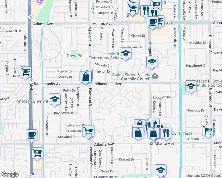 map of restaurants, bars, coffee shops, grocery stores, and more near 8685 Merced Circle in Huntington Beach