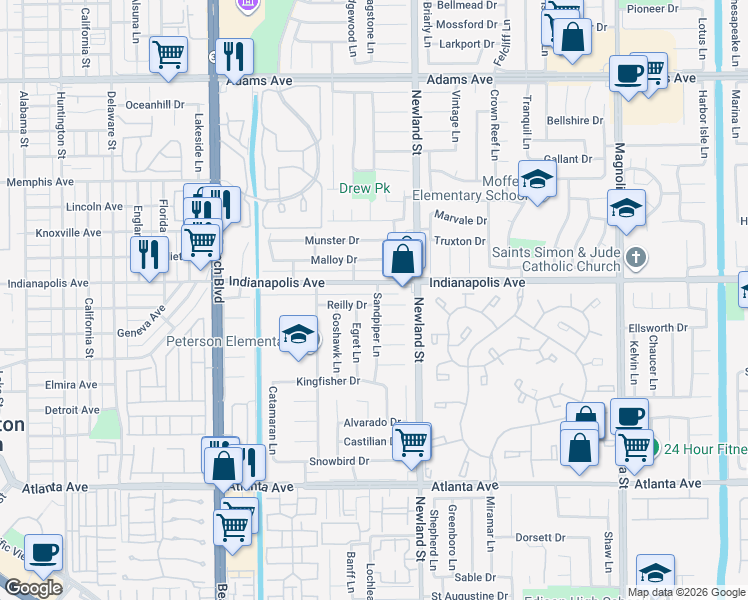 map of restaurants, bars, coffee shops, grocery stores, and more near 8402 Indianapolis Avenue in Huntington Beach