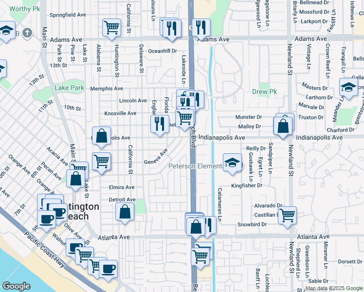 map of restaurants, bars, coffee shops, grocery stores, and more near 824 Geneva Avenue in Huntington Beach