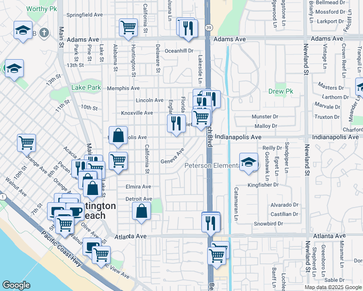 map of restaurants, bars, coffee shops, grocery stores, and more near 620 Indianapolis Avenue in Huntington Beach