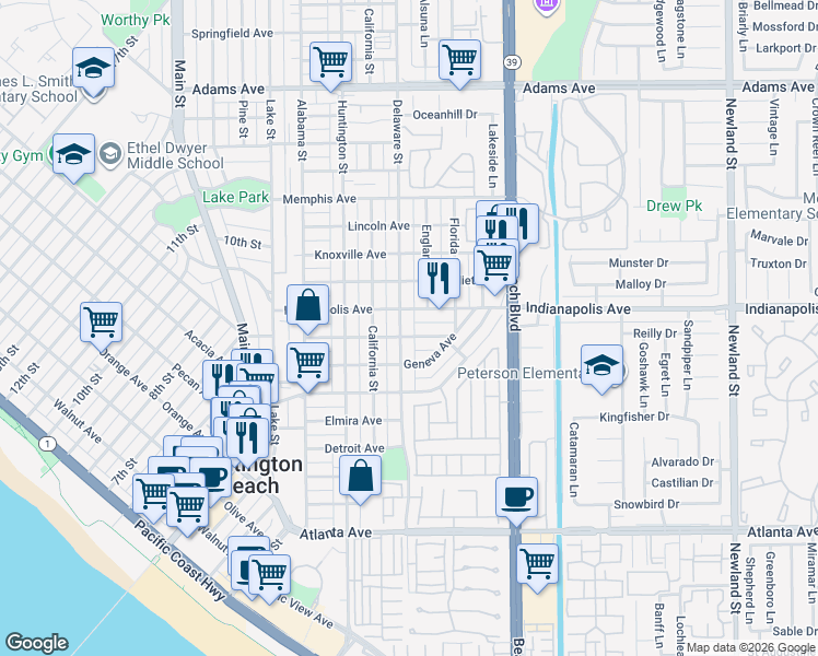 map of restaurants, bars, coffee shops, grocery stores, and more near 807 Delaware Street in Huntington Beach
