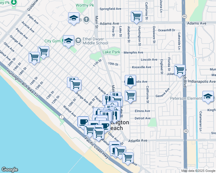 map of restaurants, bars, coffee shops, grocery stores, and more near 617 8th Street in Huntington Beach