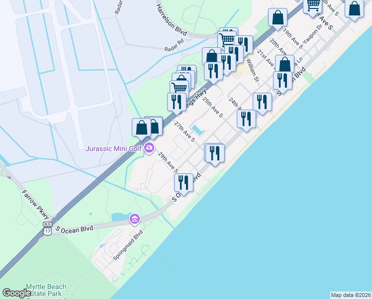 map of restaurants, bars, coffee shops, grocery stores, and more near 2716 South Key Largo Circle in Myrtle Beach