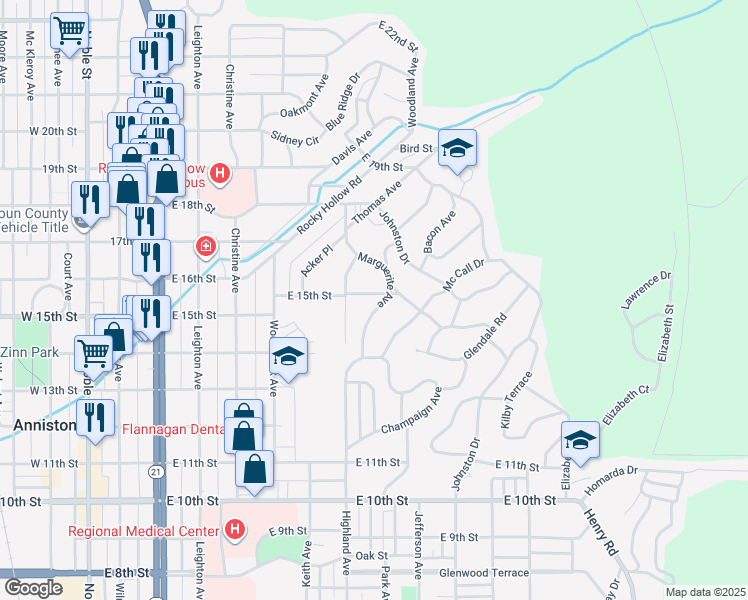 map of restaurants, bars, coffee shops, grocery stores, and more near 815 East 15th Street in Anniston