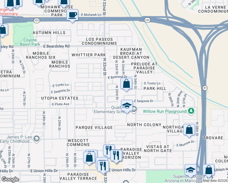 map of restaurants, bars, coffee shops, grocery stores, and more near 3235 East Oraibi Drive in Phoenix