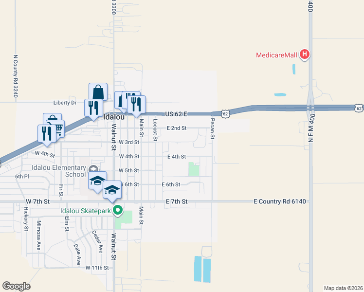 map of restaurants, bars, coffee shops, grocery stores, and more near 356-390 E 3rd St in Idalou