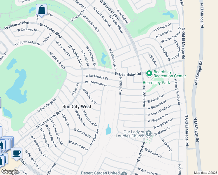 map of restaurants, bars, coffee shops, grocery stores, and more near 13023 West Jadestone Drive in Sun City West