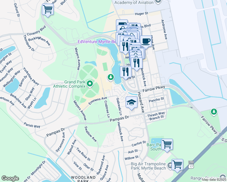 map of restaurants, bars, coffee shops, grocery stores, and more near 1160 Peterson Street in Myrtle Beach