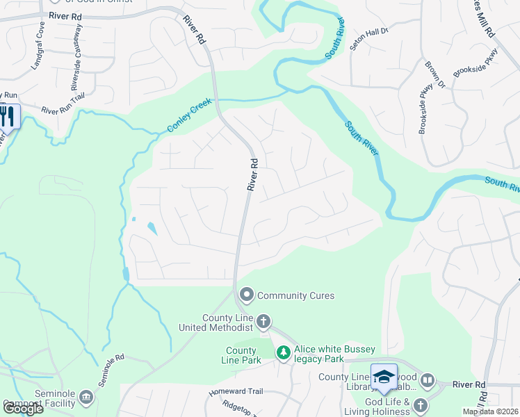 map of restaurants, bars, coffee shops, grocery stores, and more near 3535 Riverview Approach in Ellenwood