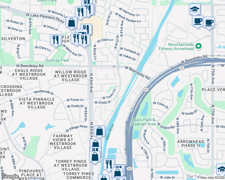 map of restaurants, bars, coffee shops, grocery stores, and more near 8120 West Tonto Lane in Peoria