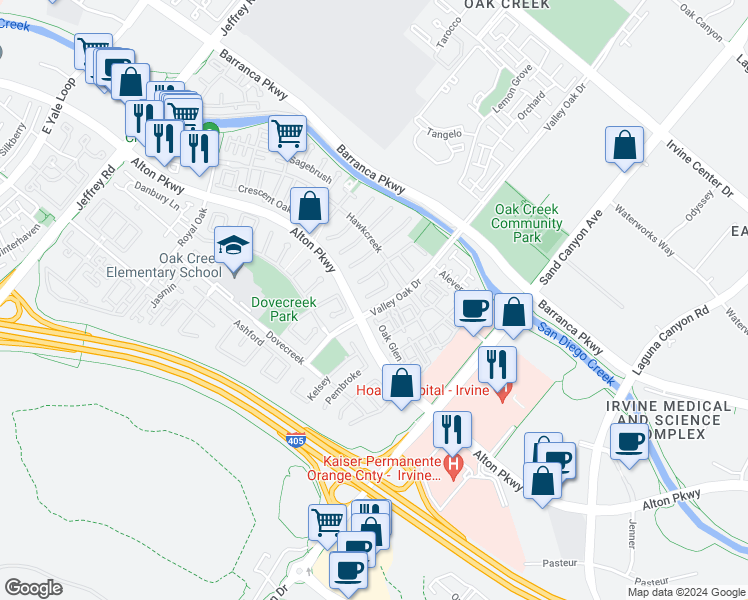 map of restaurants, bars, coffee shops, grocery stores, and more near 27 Highfield Glen in Irvine