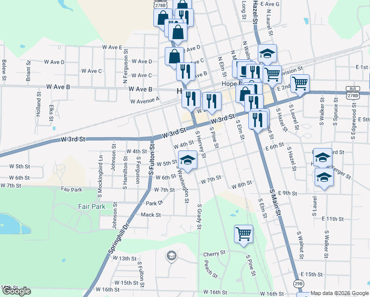 map of restaurants, bars, coffee shops, grocery stores, and more near 416 South Grady Street in Hope