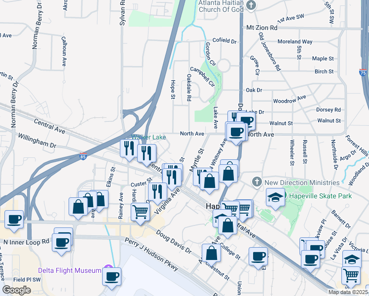 map of restaurants, bars, coffee shops, grocery stores, and more near 3299 Sims Street in Hapeville