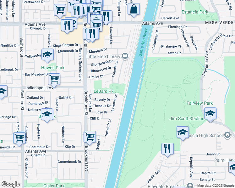 map of restaurants, bars, coffee shops, grocery stores, and more near 20552 Lavonne Lane in Huntington Beach