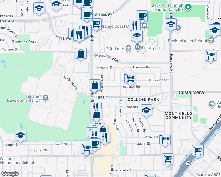 map of restaurants, bars, coffee shops, grocery stores, and more near 2530 Colby Place in Costa Mesa