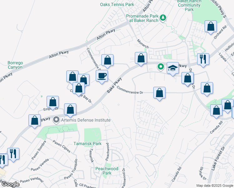 map of restaurants, bars, coffee shops, grocery stores, and more near 25500 Commercentre Drive in Lake Forest