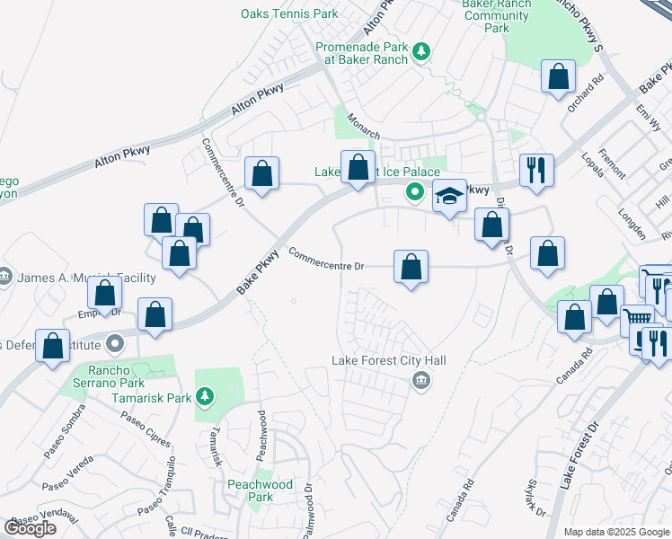 map of restaurants, bars, coffee shops, grocery stores, and more near 25550 Commercentre Drive in Lake Forest