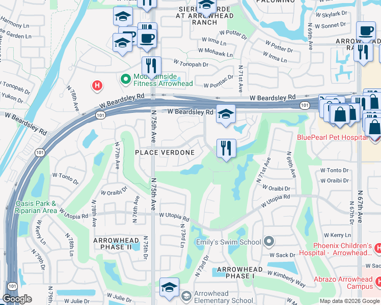 map of restaurants, bars, coffee shops, grocery stores, and more near 7401 West Arrowhead Clubhouse Drive in Glendale