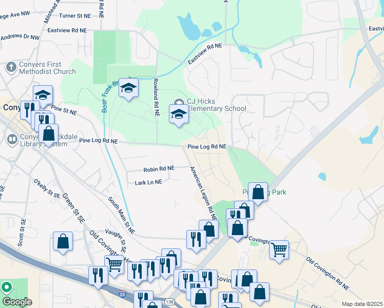 map of restaurants, bars, coffee shops, grocery stores, and more near 1357 Pine Logging Road Northeast in Conyers