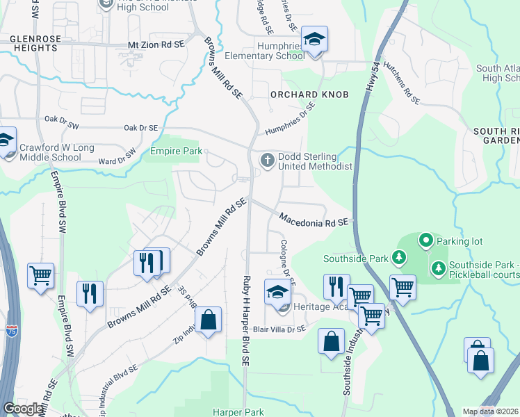 map of restaurants, bars, coffee shops, grocery stores, and more near 335 Macedonia Road Southeast in Atlanta