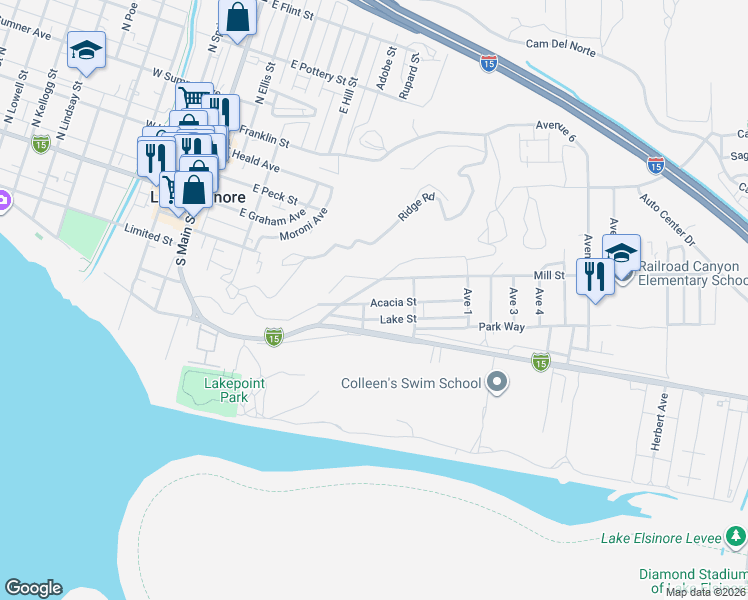 map of restaurants, bars, coffee shops, grocery stores, and more near 617 Acacia Street in Lake Elsinore
