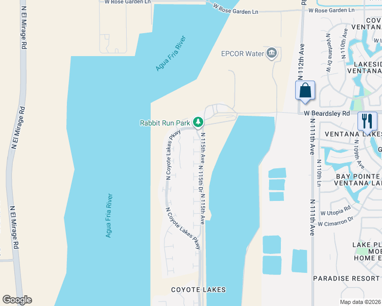 map of restaurants, bars, coffee shops, grocery stores, and more near 11615 North Bradshaw Mountain Court in Surprise