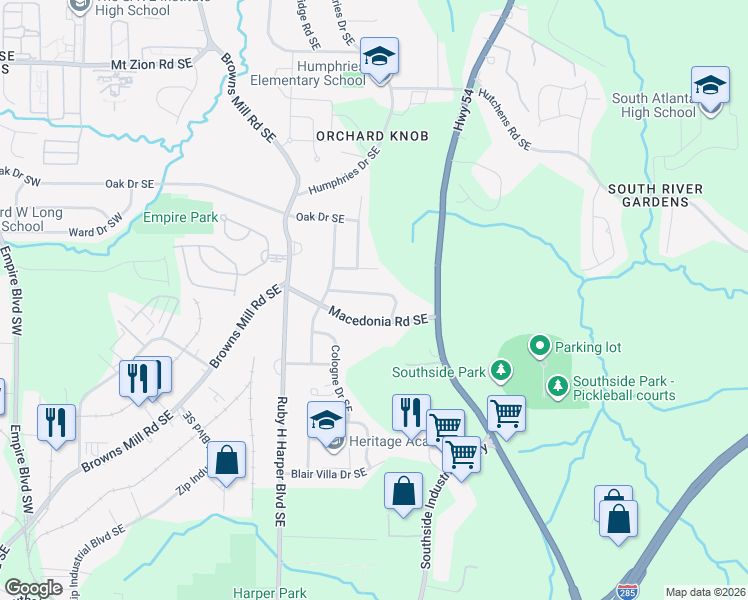 map of restaurants, bars, coffee shops, grocery stores, and more near 415 Belgarde Place Southeast in Atlanta