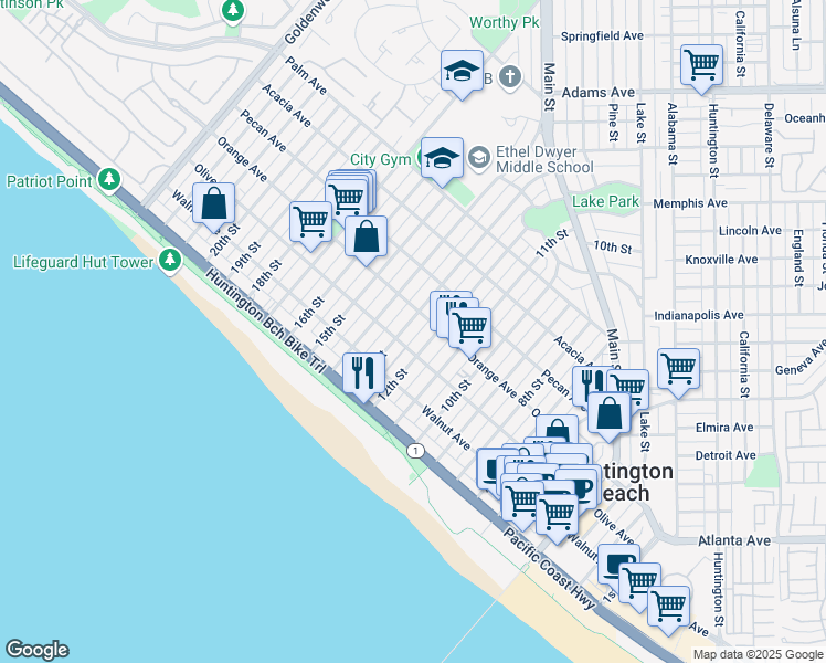 map of restaurants, bars, coffee shops, grocery stores, and more near 314 13th Street in Huntington Beach